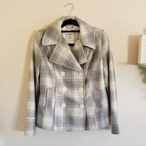 NWT gray, blue, cream plaid wool peacoat